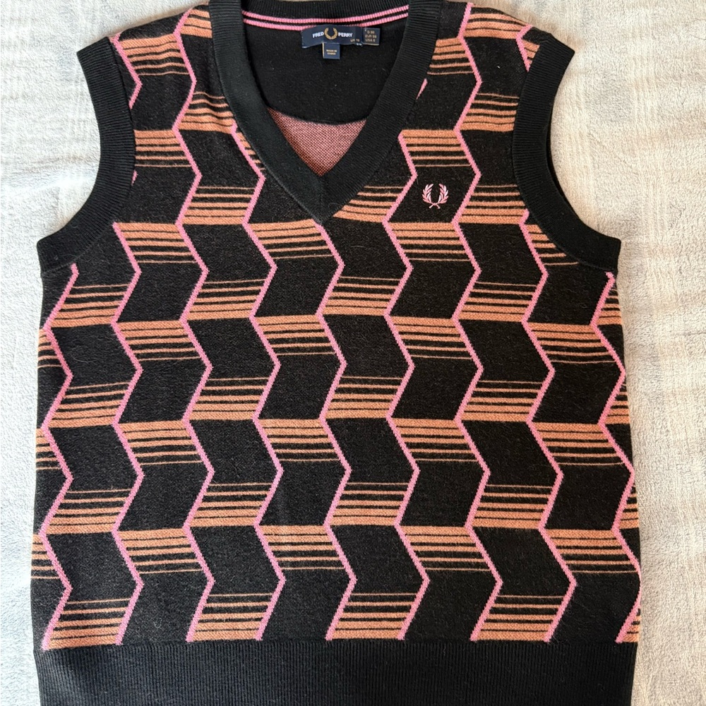 Fred Perry Black Sweater Vest with Pink and Orange Geometric Pattern
